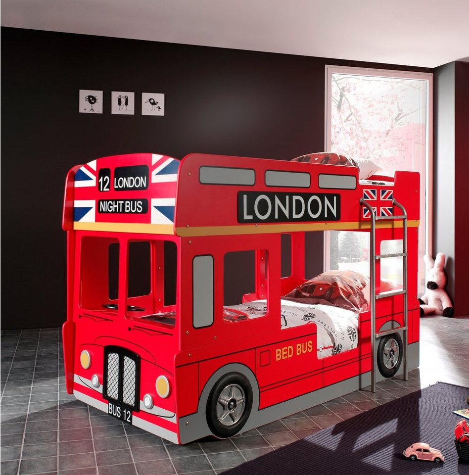 Vipack Etagenbett London, in Londoner Stadtbuss-Optik, das Highlight im Kinderzimmer (B/H/T ca. 215x132x100cm, MDF rot lackiert mit Applikationen), inkl. Bodenp – Bild 2 von 3