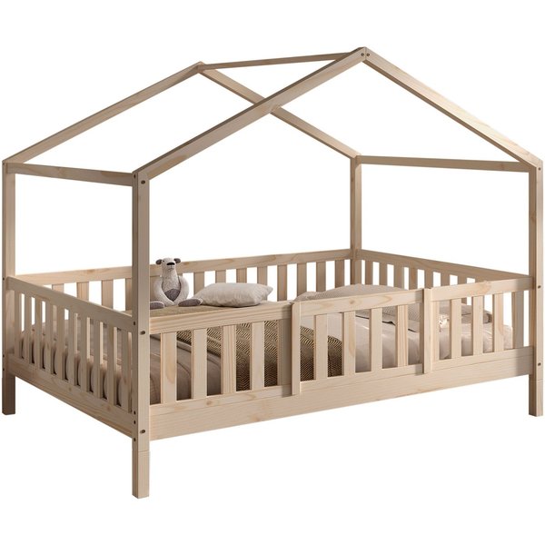 Vipack Hausbett Dallas, Massivholzbett mit Dachaufbau umbaubar vom Boden- zum Daybett (inkl. Lattenrost, Rausfallschutz, Sprossen, 90 oder 140x200 cm breit), st
