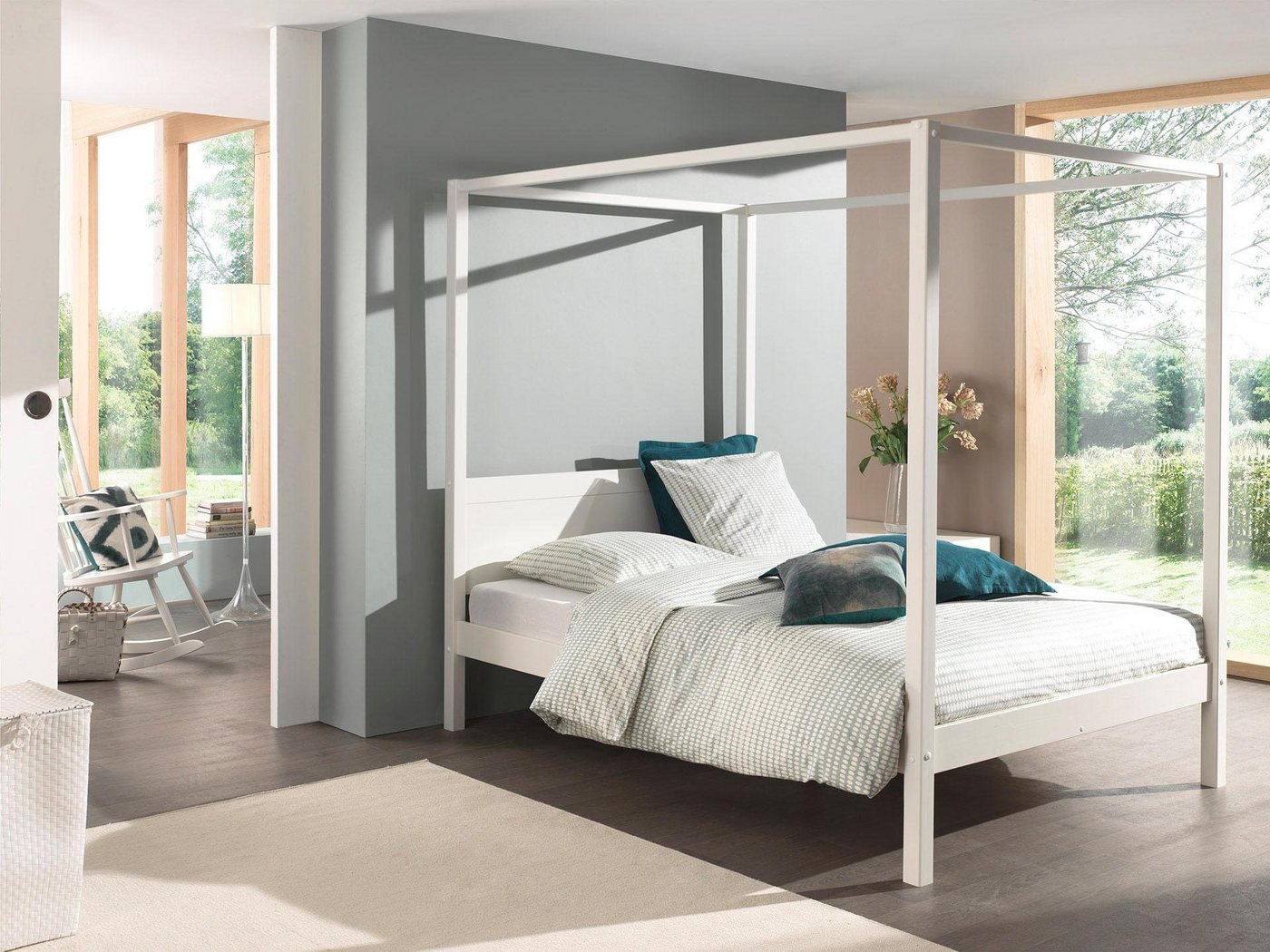 Vipack Himmelbett Pino, Kiefer massiv weiß lackiert, Made in Europe, zeitloses Design (B/H/T ca. 208x191x148cm, inkl. Rolllattenrost, 2 Breiten zur Auswahl), wa – Bild 2 von 4