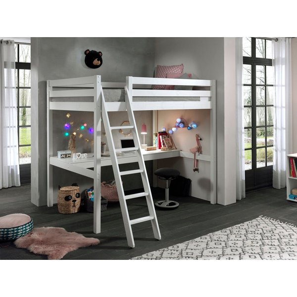 Vipack Hochbett Pino, Kiefer massiv, sehr standfest, Made in Europe, mit Sessel (B/H/T ca. 209x190x215cm, mit großer Schreibplatte und Leiter) inkl. Rolllattenr