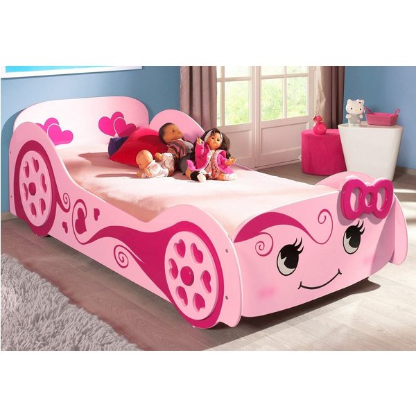Vipack Kinderbett LoveCar, in verspielter Optik, ein Highlight im Kinderzimmer (B/H/T ca. 213x68x101cm, MDF rosa lackiert, Räder mit Herz-Optik), Liegefläche 90