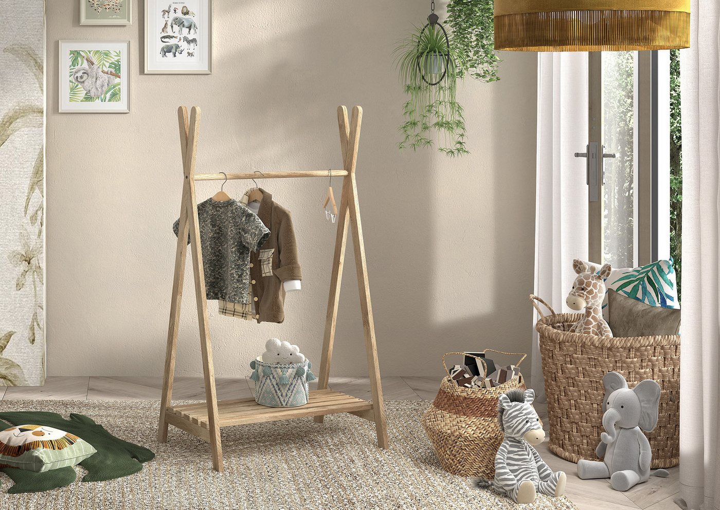 Vipack Kleiderständer Forrest universell einsetzbar, (B/H/T ca. 74x132x50 cm, Eiche massiv geölt), inkl. Schuhgitter und Kleiderstange – Bild 2 von 3