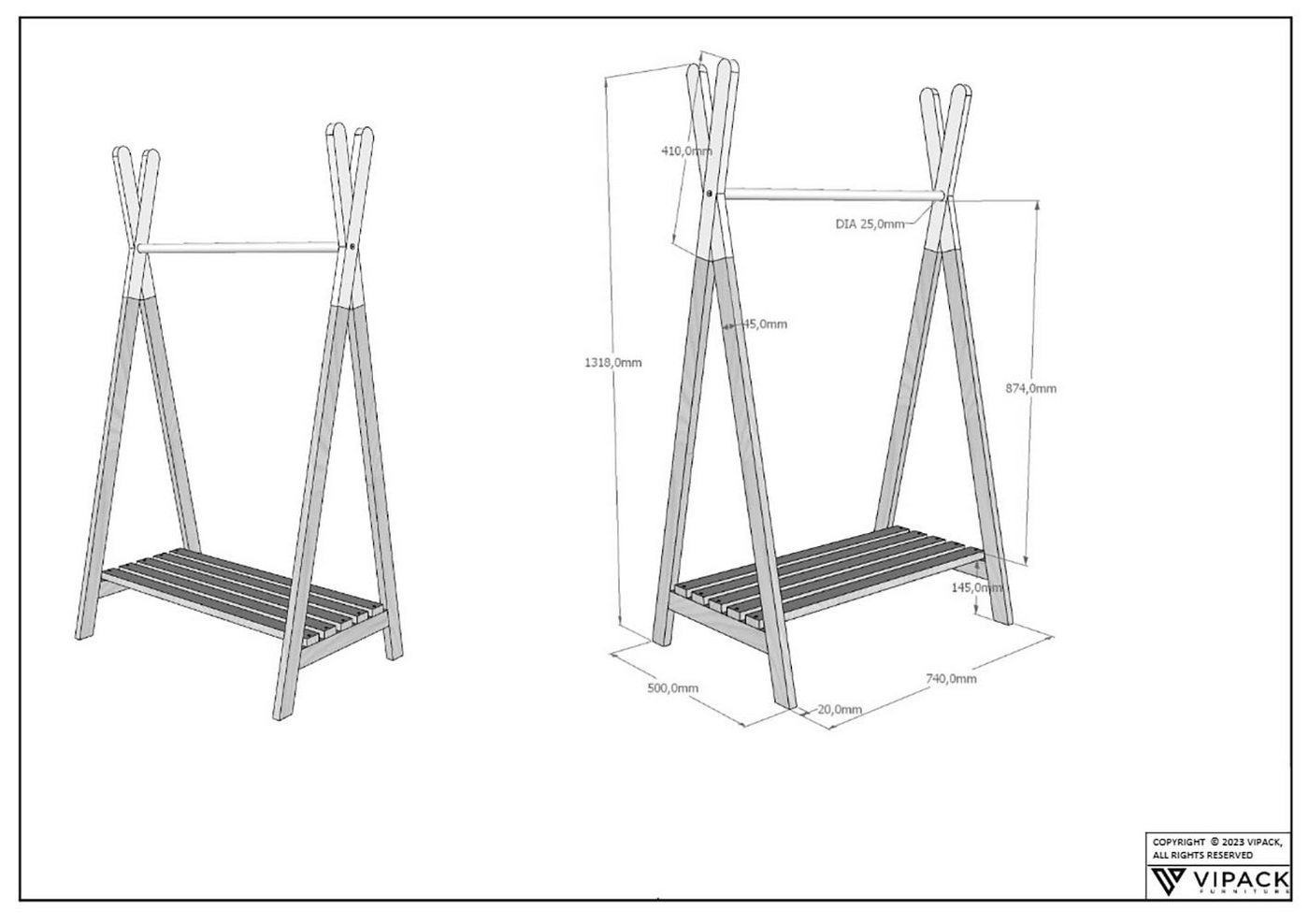 Vipack Kleiderständer Forrest universell einsetzbar, (B/H/T ca. 74x132x50 cm, Eiche massiv geölt), inkl. Schuhgitter und Kleiderstange – Bild 3 von 3