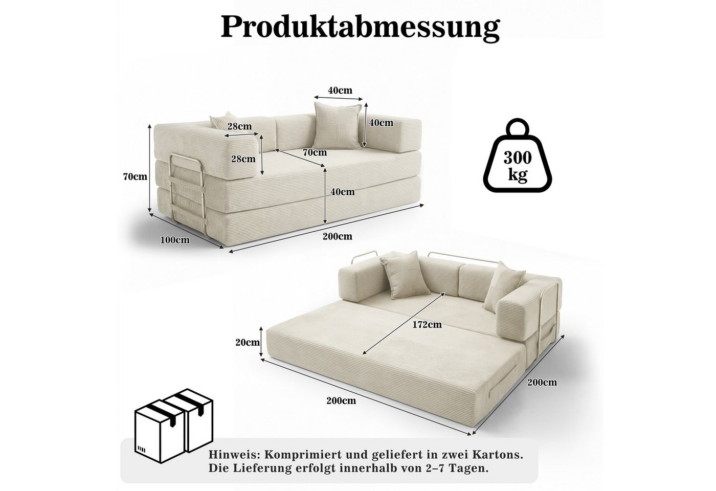 Vipbear Schlafsofa 5-in-1 Wandelsofa Cord, 300kg Belastbarkeit, 1 Teile, 2-sitzer, 200x100cm, verschiedene Farben verfügbar – Bild 3 von 5