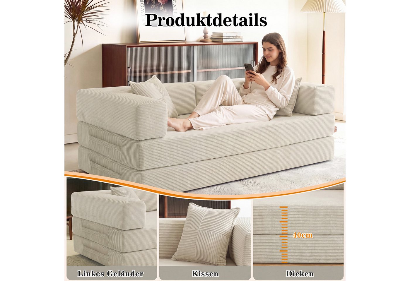 Vipbear Schlafsofa 5-in-1 Wandelsofa Cord, 300kg Belastbarkeit, 1 Teile, 2-sitzer, 200x100cm, verschiedene Farben verfügbar – Bild 4 von 5