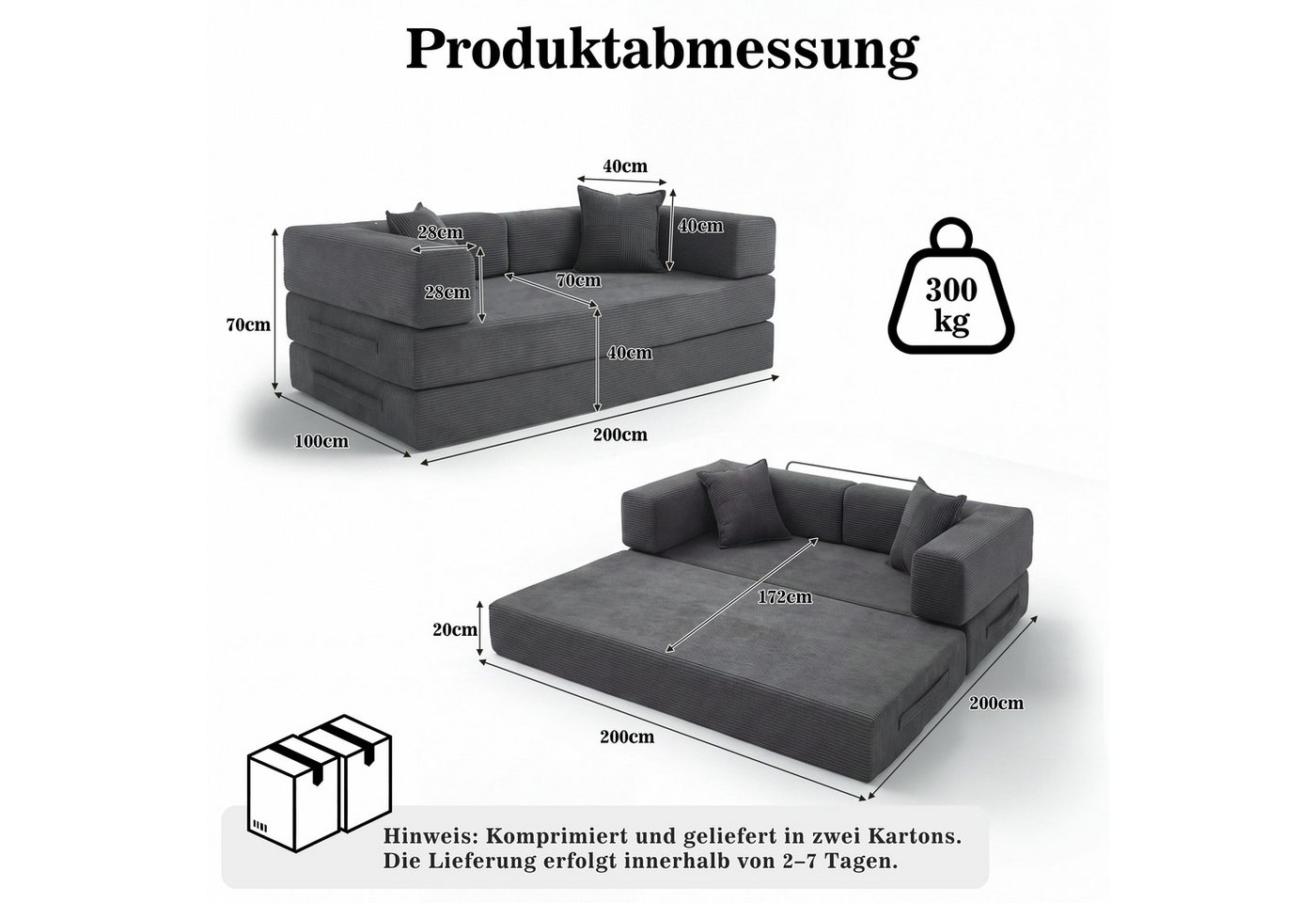 Vipbear Schlafsofa 5-in-1 Wandelsofa Cord, 300kg Belastbarkeit, 1 Teile, 2-sitzer, 200x100cm, verschiedene Farben verfügbar – Bild 2 von 5