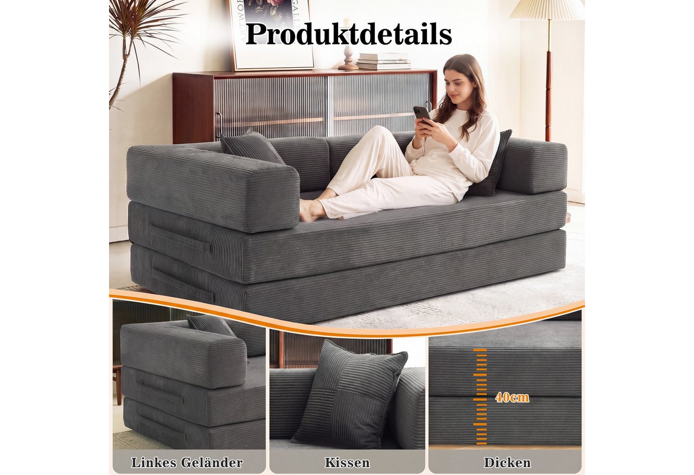 Vipbear Schlafsofa 5-in-1 Wandelsofa Cord, 300kg Belastbarkeit, 1 Teile, 2-sitzer, 200x100cm, verschiedene Farben verfügbar – Bild 5 von 5