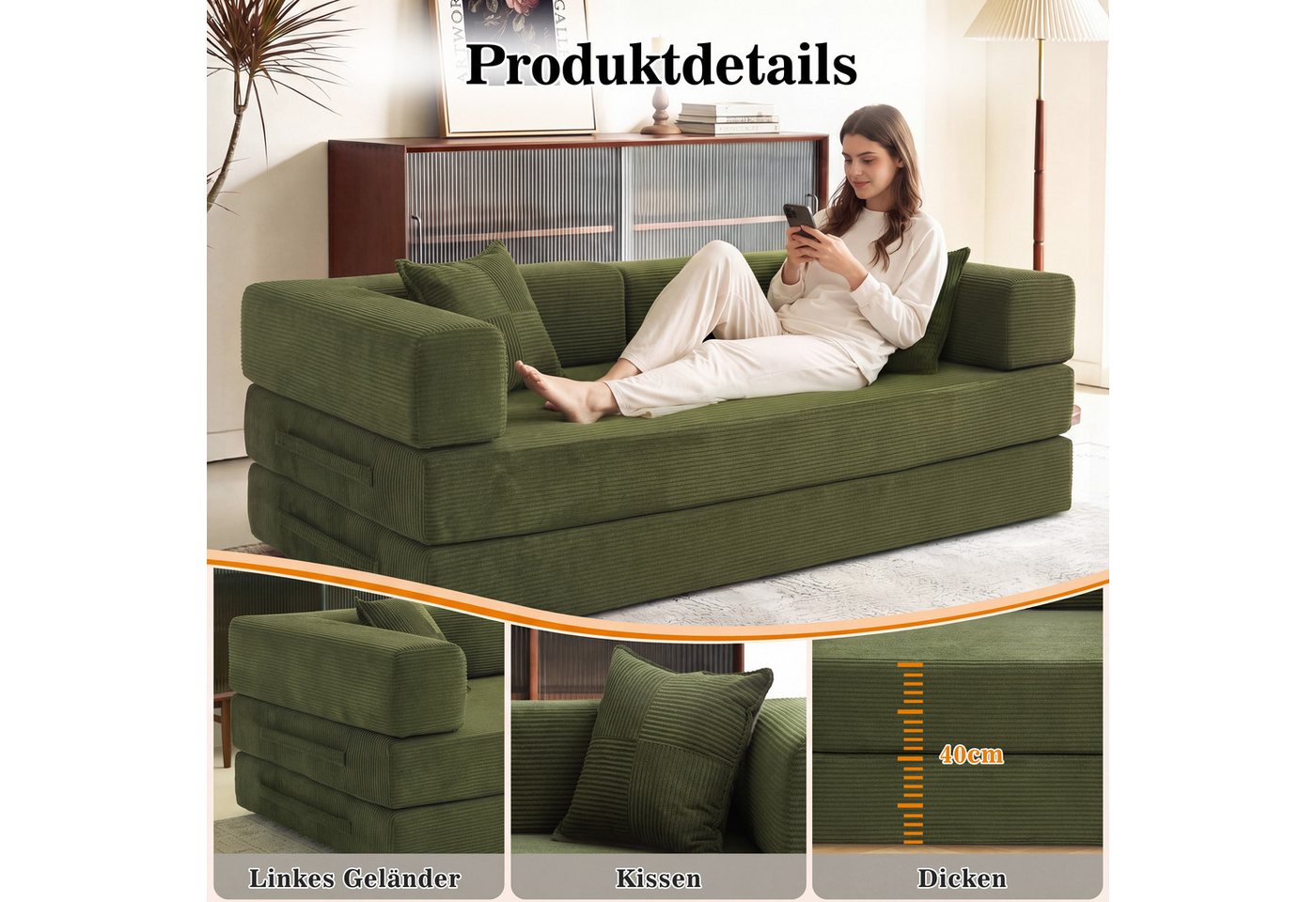 Vipbear Schlafsofa 5-in-1 Wandelsofa Cord, 300kg Belastbarkeit, 1 Teile, 2-sitzer, 200x100cm, verschiedene Farben verfügbar – Bild 4 von 5