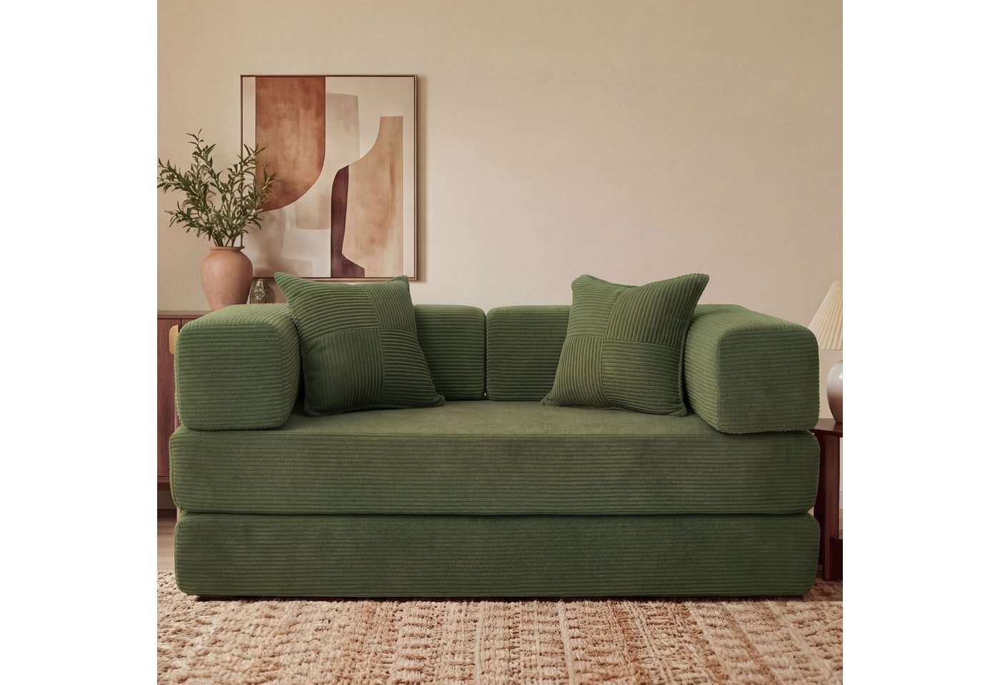 Vipbear Sofa 5-in-1 Wandelsofa aus Cord, Modulares Bodensofa, 2-sitzer, 1 Teile, montagefrei, Schlafsofa 160x180cm Grün – Bild 3 von 5