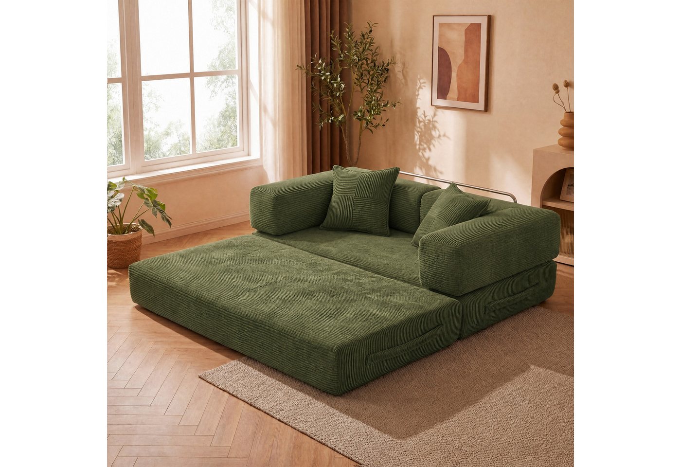 Vipbear Sofa 5-in-1 Wandelsofa aus Cord, Modulares Bodensofa, 2-sitzer, 1 Teile, montagefrei, Schlafsofa 160x180cm Grün – Bild 4 von 5