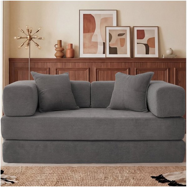 Vipbear Sofa 5-in-1 Wandelsofa aus Cord, Modulares Bodensofa, 2-sitzer, 1 Teile, montagefrei, Schlafsofa 160x180cm Grau