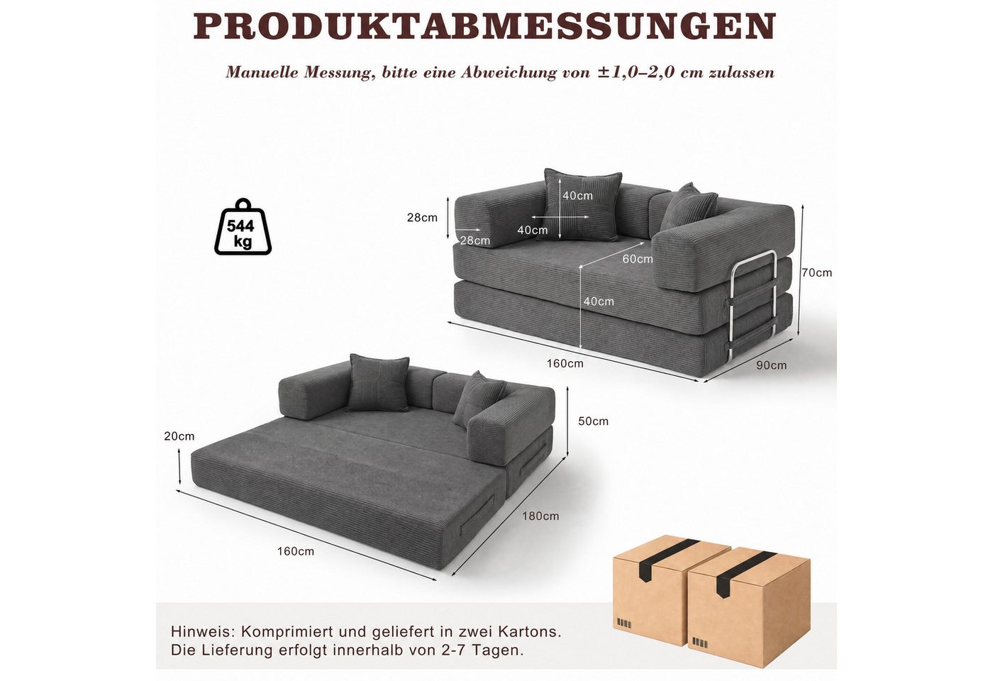 Vipbear Sofa 5-in-1 Wandelsofa aus Cord, Modulares Bodensofa, 2-sitzer, 1 Teile, montagefrei, Schlafsofa 160x180cm Grau – Bild 2 von 5