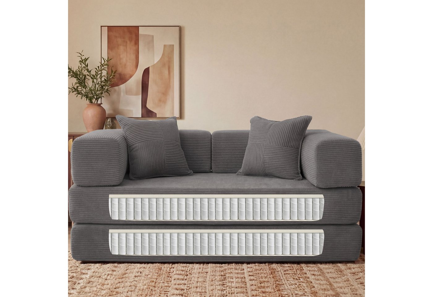 Vipbear Sofa 5-in-1 Wandelsofa aus Cord, Modulares Bodensofa, 2-sitzer, 1 Teile, montagefrei, Schlafsofa 160x180cm Grau – Bild 3 von 5