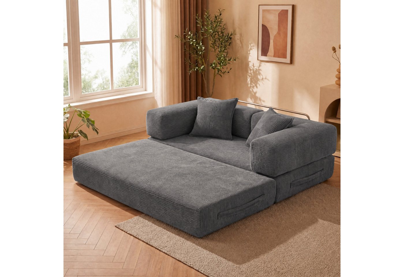 Vipbear Sofa 5-in-1 Wandelsofa aus Cord, Modulares Bodensofa, 2-sitzer, 1 Teile, montagefrei, Schlafsofa 160x180cm Grau – Bild 4 von 5