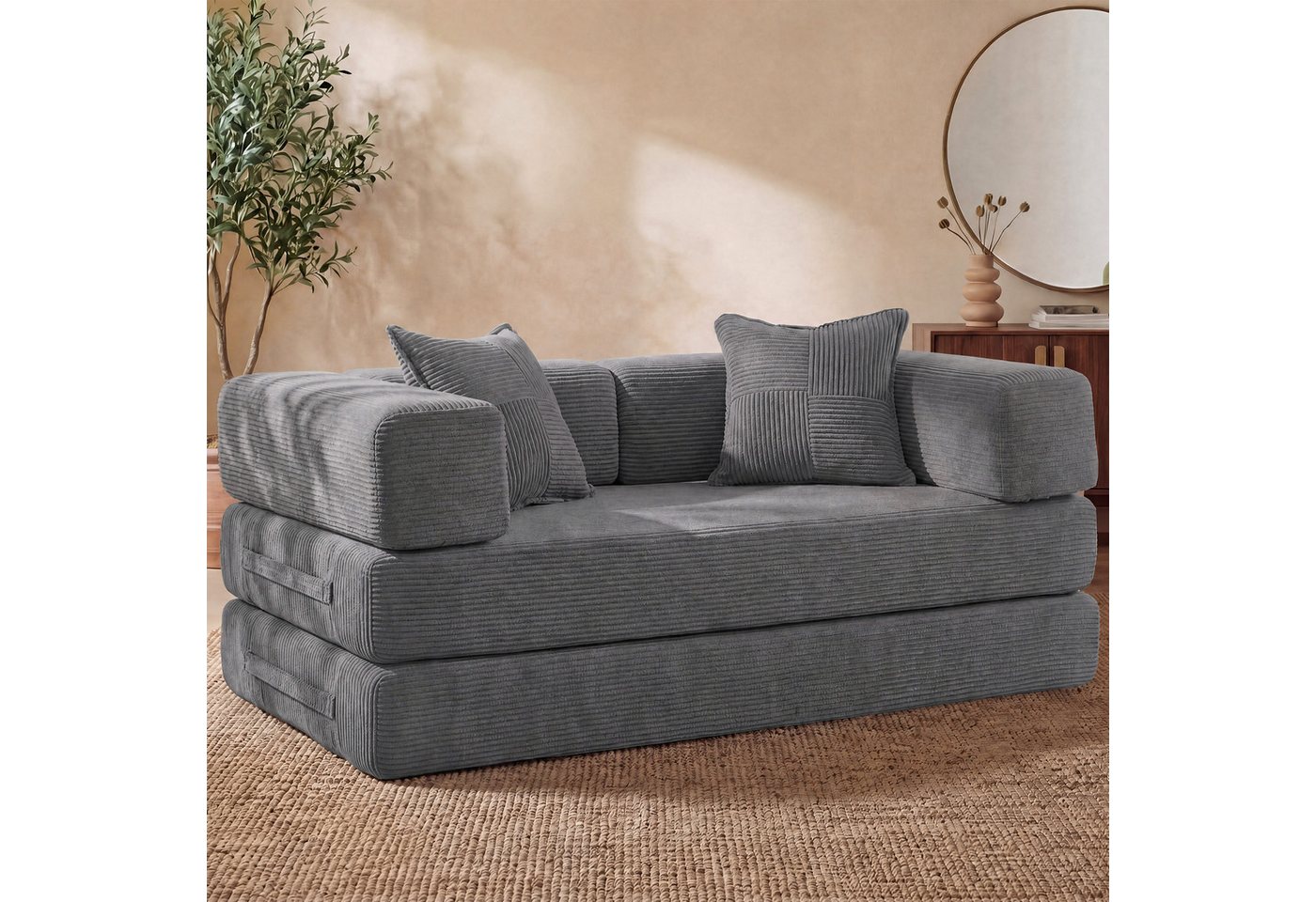 Vipbear Sofa 5-in-1 Wandelsofa aus Cord, Modulares Bodensofa, 2-sitzer, 1 Teile, montagefrei, Schlafsofa 160x180cm Grau – Bild 5 von 5