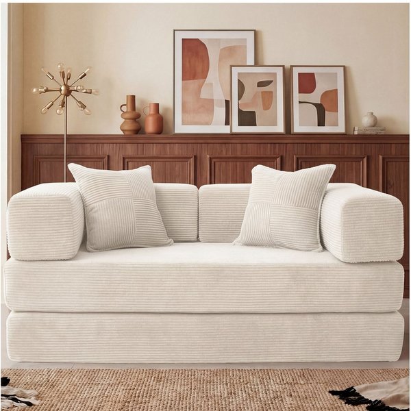 Vipbear Sofa 5-in-1 Wandelsofa aus Cord, Modulares Bodensofa, 2-sitzer, 1 Teile, montagefrei, Schlafsofa 160x180cm Beige