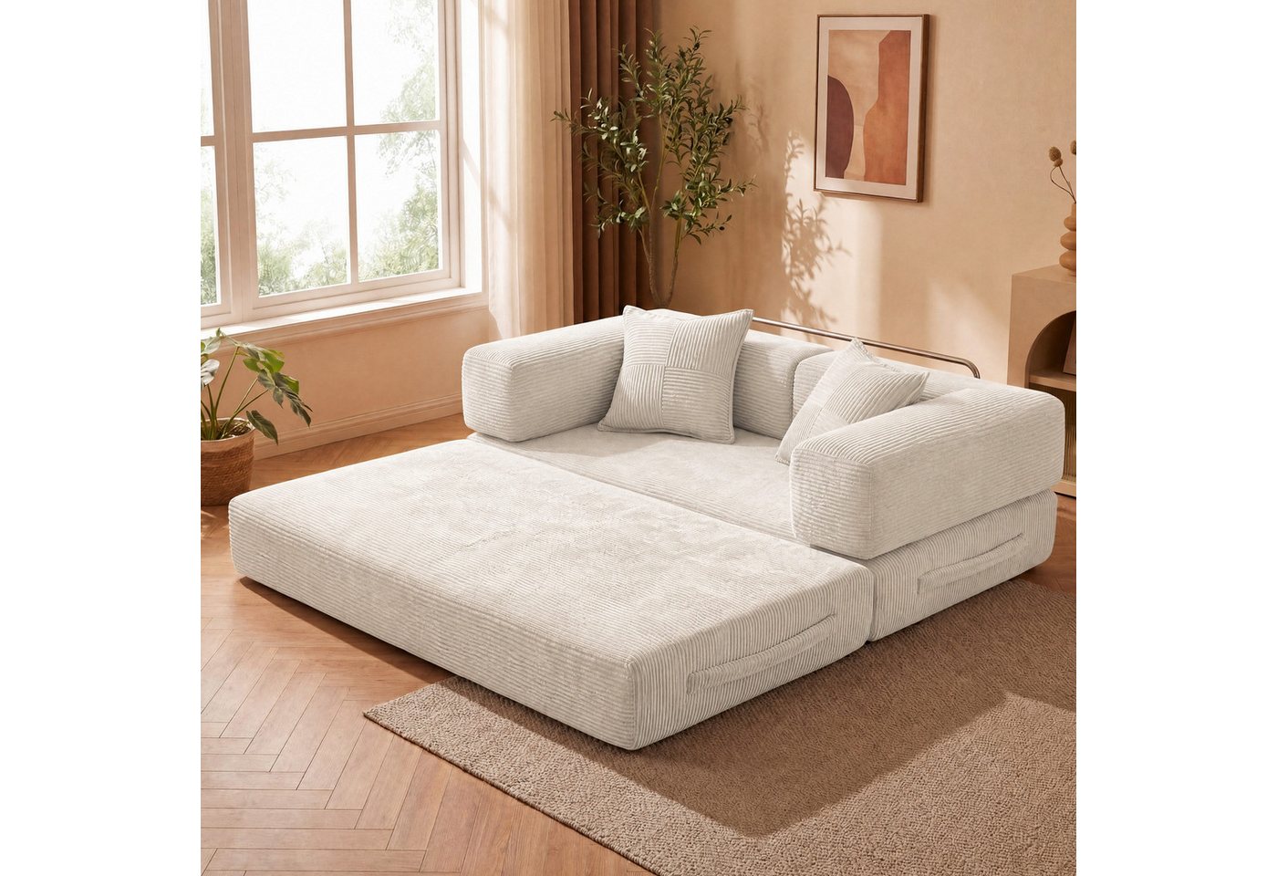 Vipbear Sofa 5-in-1 Wandelsofa aus Cord, Modulares Bodensofa, 2-sitzer, 1 Teile, montagefrei, Schlafsofa 160x180cm Beige – Bild 2 von 5