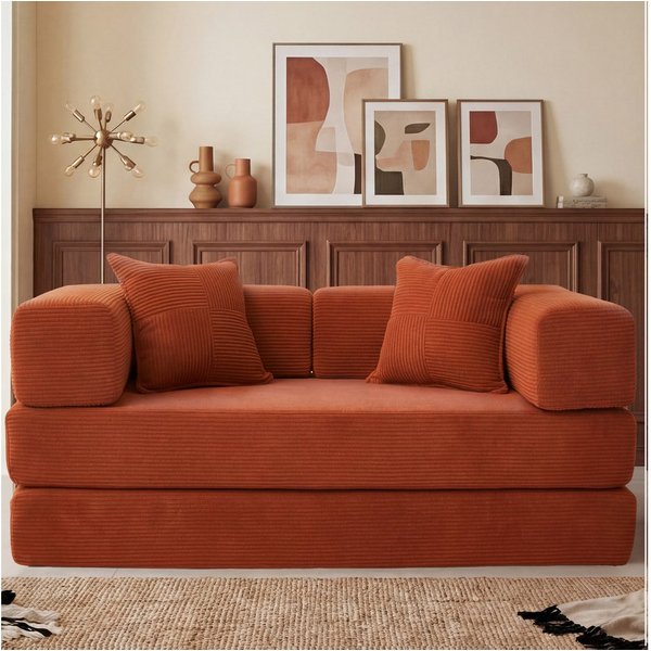 Vipbear Sofa 5-in-1 Wandelsofa aus Cord, Modulares Bodensofa, 2-sitzer, 1 Teile, montagefrei, Schlafsofa 160x180cm Orange
