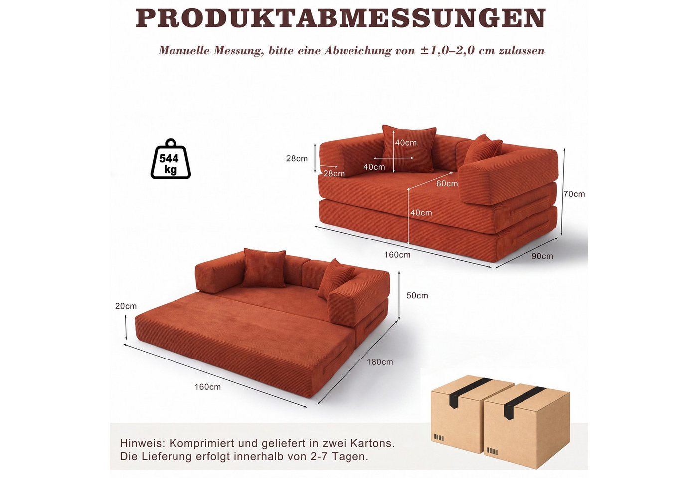 Vipbear Sofa 5-in-1 Wandelsofa aus Cord, Modulares Bodensofa, 2-sitzer, 1 Teile, montagefrei, Schlafsofa 160x180cm Orange – Bild 2 von 5
