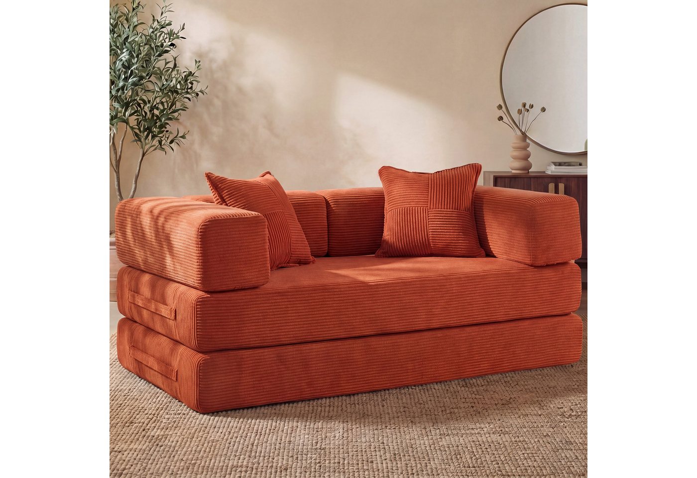 Vipbear Sofa 5-in-1 Wandelsofa aus Cord, Modulares Bodensofa, 2-sitzer, 1 Teile, montagefrei, Schlafsofa 160x180cm Orange – Bild 4 von 5