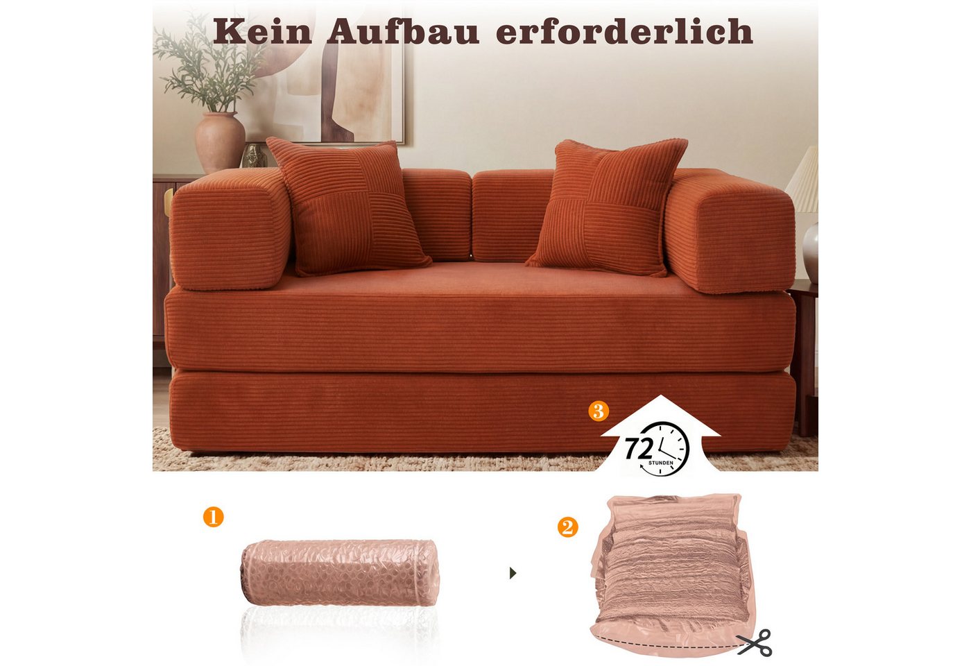 Vipbear Sofa 5-in-1 Wandelsofa aus Cord, Modulares Bodensofa, 2-sitzer, 1 Teile, montagefrei, Schlafsofa 160x180cm Orange – Bild 5 von 5