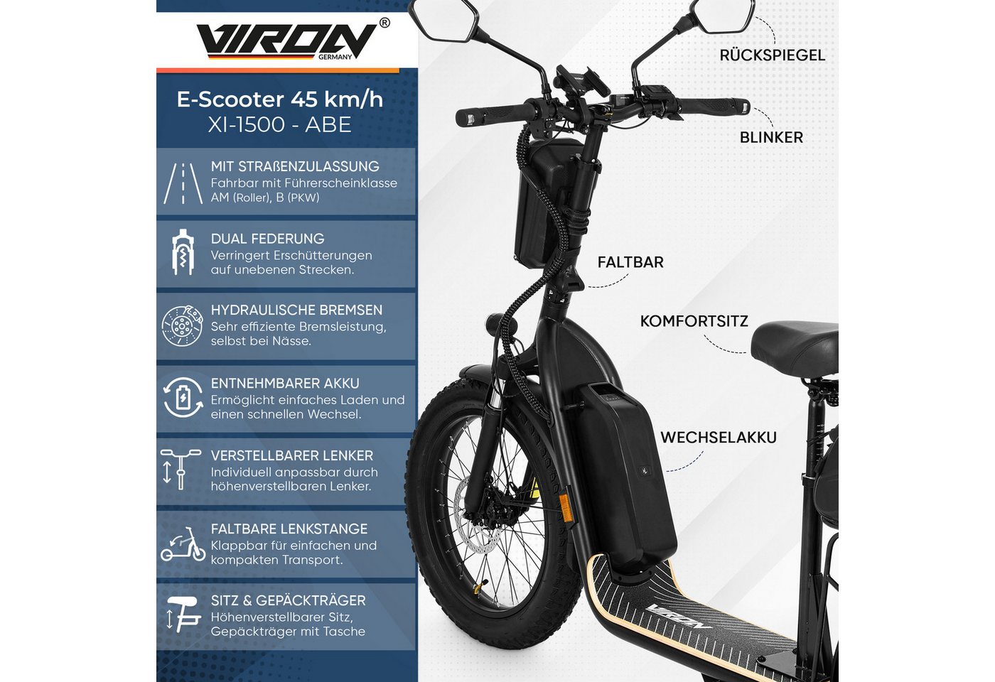 Viron E-Scooter XI-1500-EEC mit Straßenzulassung ABE, Elektro Scooter Elektroroller Moped Zulassung Roller EScooter Faltbar – Bild 5 von 5