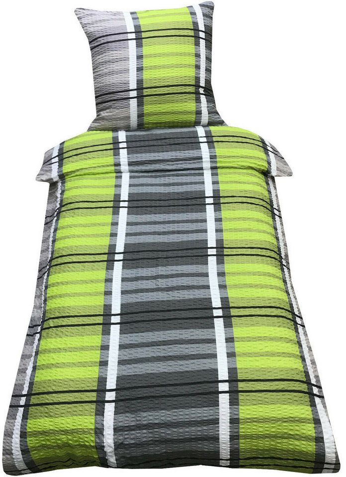 Visaggio Bettwäsche 135x200 cm oder 155x220 cm Allergiker geeignet, Seersucker, 4 teilig, Grün Grau gestreift modern – Bild 2 von 5