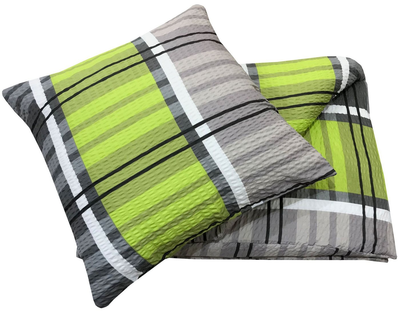 Visaggio Bettwäsche 135x200 cm oder 155x220 cm Allergiker geeignet, Seersucker, 4 teilig, Grün Grau gestreift modern – Bild 5 von 5