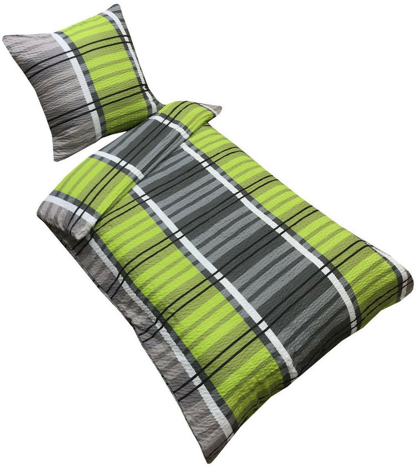 Visaggio Bettwäsche 135x200 cm oder 155x220 cm Allergiker geeignet, Seersucker, 2 teilig, Grün Grau gestreift modern – Bild 2 von 4