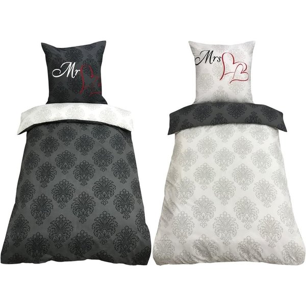 Visaggio Bettwäsche Allergiker geeignet 135x200 oder 155x220, Microfaser, 4 teilig, Partnerbettwäsche Mr & Mrs mit Ornamenten