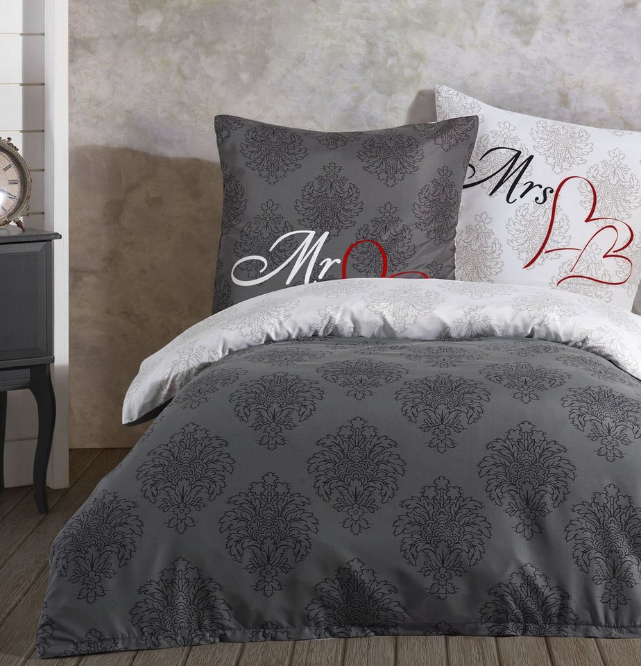 Visaggio Bettwäsche Allergiker geeignet 135x200 oder 155x220, Microfaser, 4 teilig, Partnerbettwäsche Mr & Mrs mit Ornamenten – Bild 2 von 5