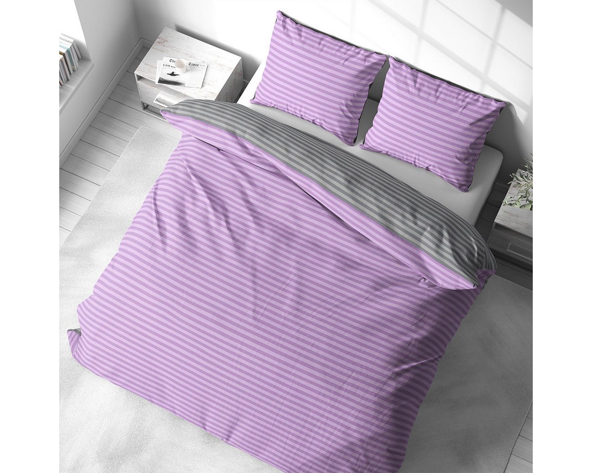 Visaggio Bettwäsche Baumwolle 135x200, 155x200, 155x220, 200x200, 200x220 oder 240x220, Renforcé, 3 teilig, Stripe Wendebettwäsche Streifen, mit Reißverschluss – Bild 2 von 2