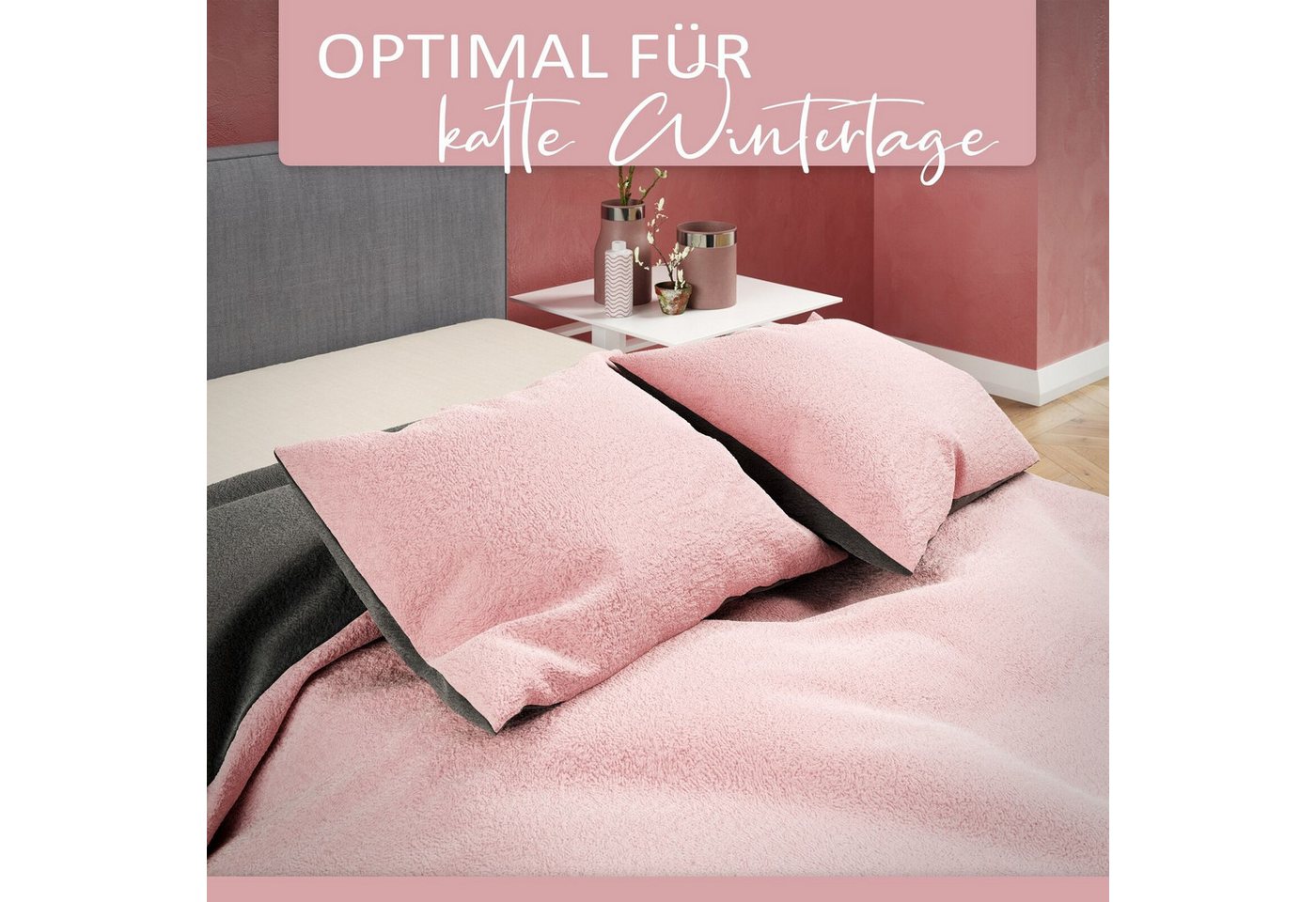 Visaggio Bettwäsche Winter Teddy Plüsch, Fleece, 3 teilig, Flauschig warmes Cashmere Touch, Einfarbig Wende – Bild 5 von 5