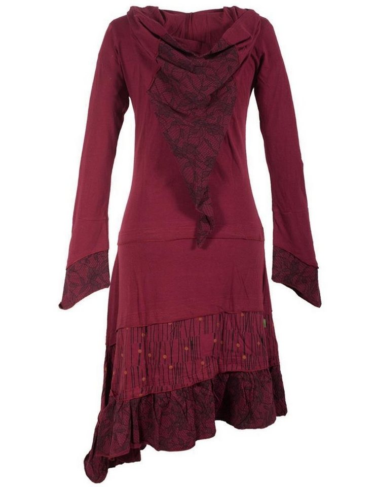 Vishes Jerseykleid Lagenlook Patchworkkleid mit Zipfelkapuze, Rüschen Hippie, Boho, Goa Elfen Style – Bild 2 von 4