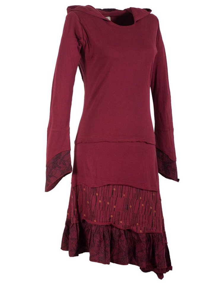 Vishes Jerseykleid Lagenlook Patchworkkleid mit Zipfelkapuze, Rüschen Hippie, Boho, Goa Elfen Style – Bild 4 von 4