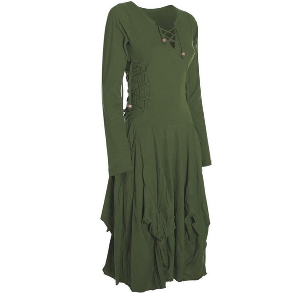 Vishes Midikleid Langes Langarm Bio Ballonkleid einfarbig mit Schnürung V-Ausschnitt Hippie, Elfen, Festag, Style
