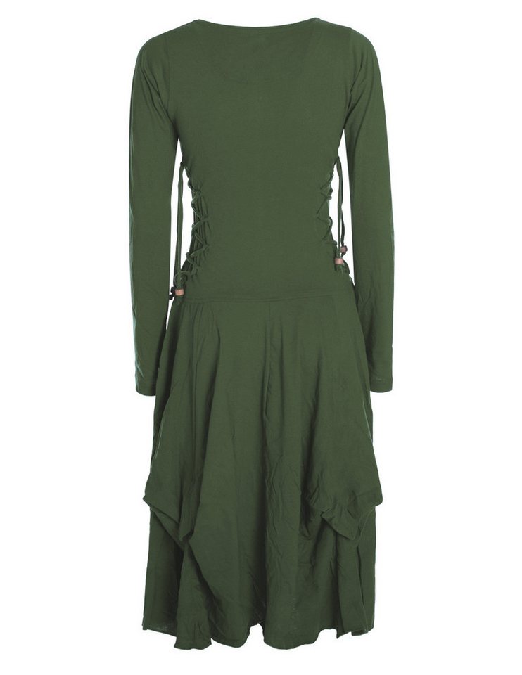 Vishes Midikleid Langes Langarm Bio Ballonkleid einfarbig mit Schnürung V-Ausschnitt Hippie, Elfen, Festag, Style – Bild 2 von 5