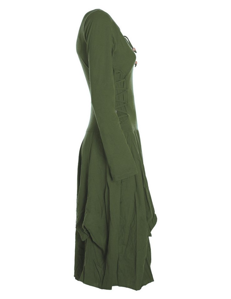 Vishes Midikleid Langes Langarm Bio Ballonkleid einfarbig mit Schnürung V-Ausschnitt Hippie, Elfen, Festag, Style – Bild 3 von 5