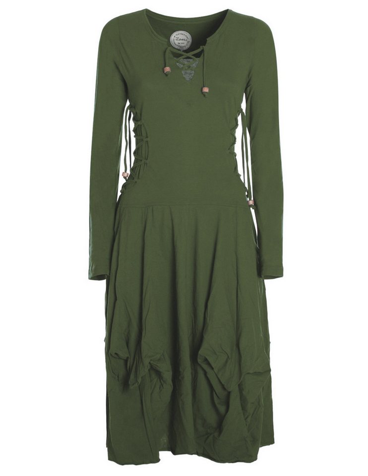 Vishes Midikleid Langes Langarm Bio Ballonkleid einfarbig mit Schnürung V-Ausschnitt Hippie, Elfen, Festag, Style – Bild 4 von 5