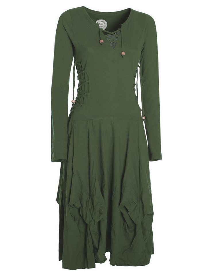Vishes Midikleid Langes Langarm Bio Ballonkleid einfarbig mit Schnürung V-Ausschnitt Hippie, Elfen, Festag, Style – Bild 5 von 5