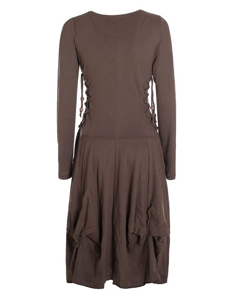 Vishes Midikleid Langes Langarm Bio Ballonkleid einfarbig mit Schnürung V-Ausschnitt Hippie, Elfen, Festag, Style – Bild 2 von 5