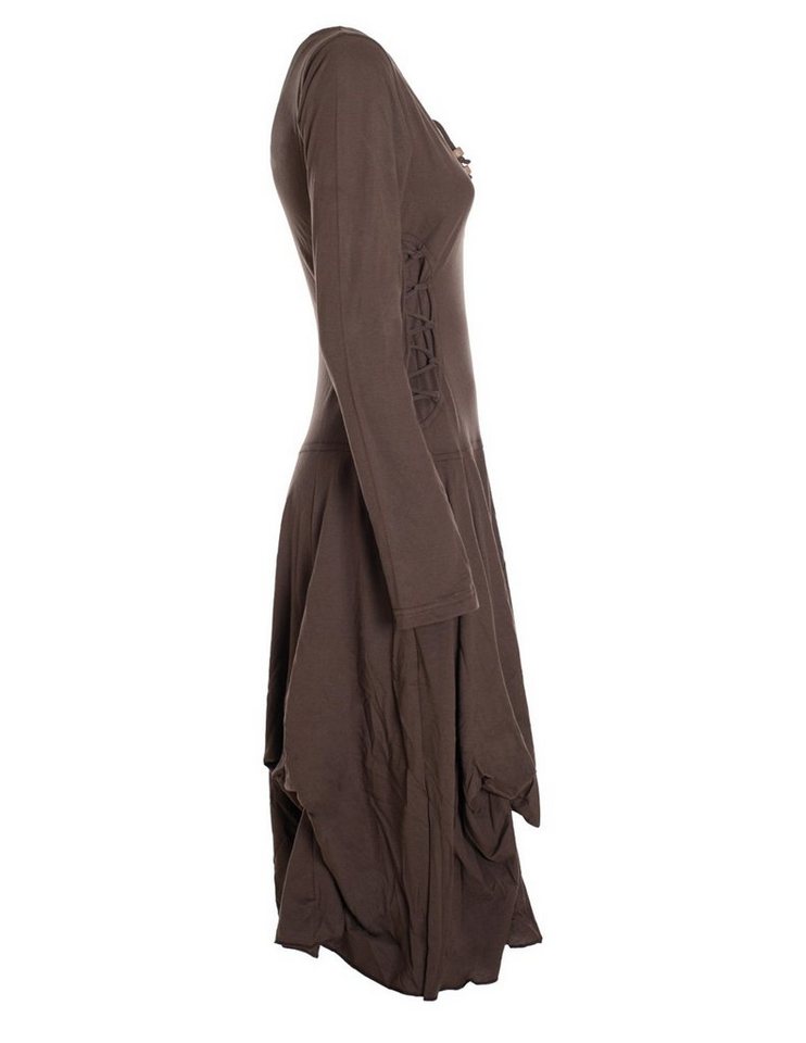 Vishes Midikleid Langes Langarm Bio Ballonkleid einfarbig mit Schnürung V-Ausschnitt Hippie, Elfen, Festag, Style – Bild 3 von 5