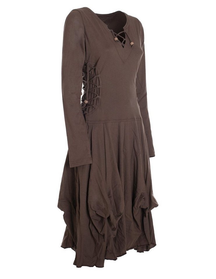 Vishes Midikleid Langes Langarm Bio Ballonkleid einfarbig mit Schnürung V-Ausschnitt Hippie, Elfen, Festag, Style – Bild 4 von 5