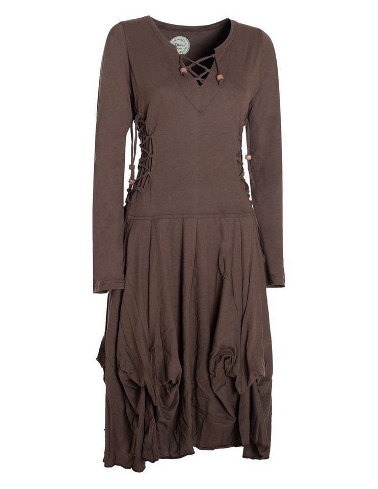 Vishes Midikleid Langes Langarm Bio Ballonkleid einfarbig mit Schnürung V-Ausschnitt Hippie, Elfen, Festag, Style – Bild 5 von 5