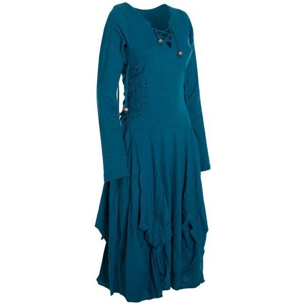 Vishes Midikleid Langes Langarm Bio Ballonkleid einfarbig mit Schnürung V-Ausschnitt Hippie, Elfen, Festag, Style