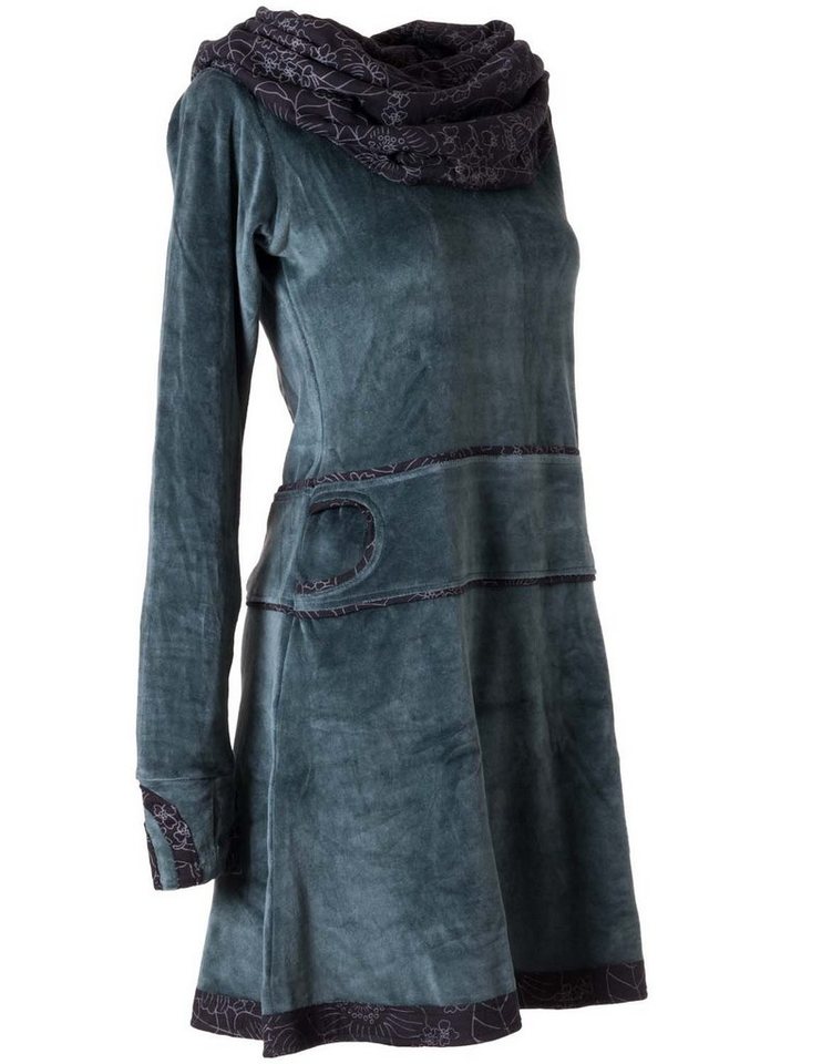 Vishes Midikleid Samtkleid warm mit großem Kapuzenkragen Ethno, Hippie, Goa, Elfen Style – Bild 4 von 5
