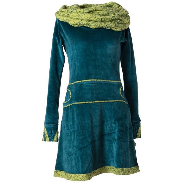 Vishes Midikleid Samtkleid warm mit großem Kapuzenkragen Ethno, Hippie, Goa, Elfen Style