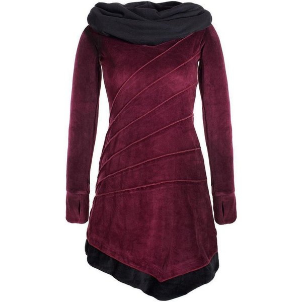 Vishes Zipfelkleid Asymmetrisches Patchwork Samtkleid Schalkragen Hippie, Elfen, Hoody, Boho Style