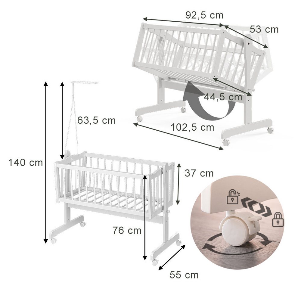 VitaliSpa® Babybett, Weiß, 40x90 mit Rollen, 1-tlg. – Bild 2 von 5