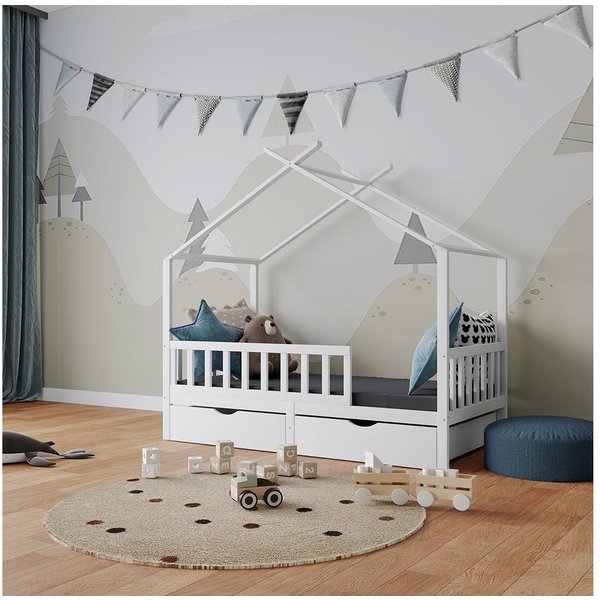 VitaliSpa® Hausbett Franka, Weiß, 80x160 cm mit 2 Schubladen (3-tlg), mit Rausfallschutz